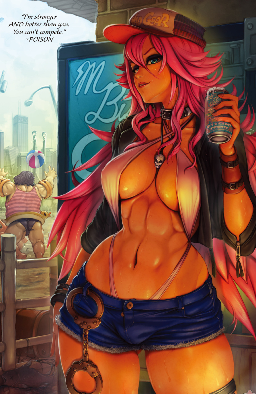 1boy 1girl abs absurdres alcohol ass beer beer_can bikini bikini_under_clothes breasts bulge character_name cleavage cropped cuffs denim denim_shorts final_fight handcuffs highres hugo_andore innertube looking_at_viewer navel newhalf poison_(final_fight) short_shorts shorts soda_can stomach street_fighter sweat swimsuit thong_bikini toned udon_entertainment