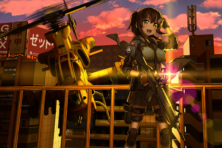 1girl :d aircraft assault_rifle blush brown_gloves brown_hair building clouds gloves green_eyes gun hair_ornament hairclip helicopter highres holding holding_gun holding_weapon knee_pads lens_flare long_hair open_mouth original outdoors railing rifle shiono_fuyu sky smile standing star_(sky) starry_sky sunset trigger_discipline weapon weapon_request