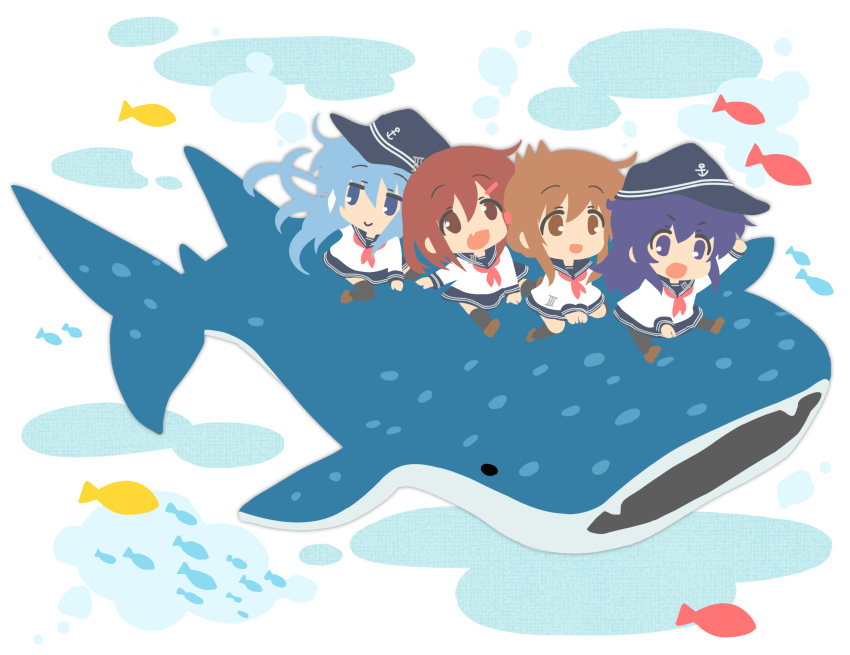 4girls akatsuki_(kantai_collection) anchor_symbol badge black_legwear blue_eyes blue_hair brown_eyes brown_hair bubble_background fang fish flat_cap flat_color folded_ponytail hair_between_eyes hair_ornament hairclip hat hibiki_(kantai_collection) highres hizuki_yayoi ikazuchi_(kantai_collection) inazuma_(kantai_collection) kantai_collection long_hair messy_hair multiple_girls neckerchief open_mouth pantyhose pleated_skirt purple_hair sailor_collar school_uniform serafuku short_hair silhouette skirt smile socks thigh-highs underwater violet_eyes whale_shark white_background