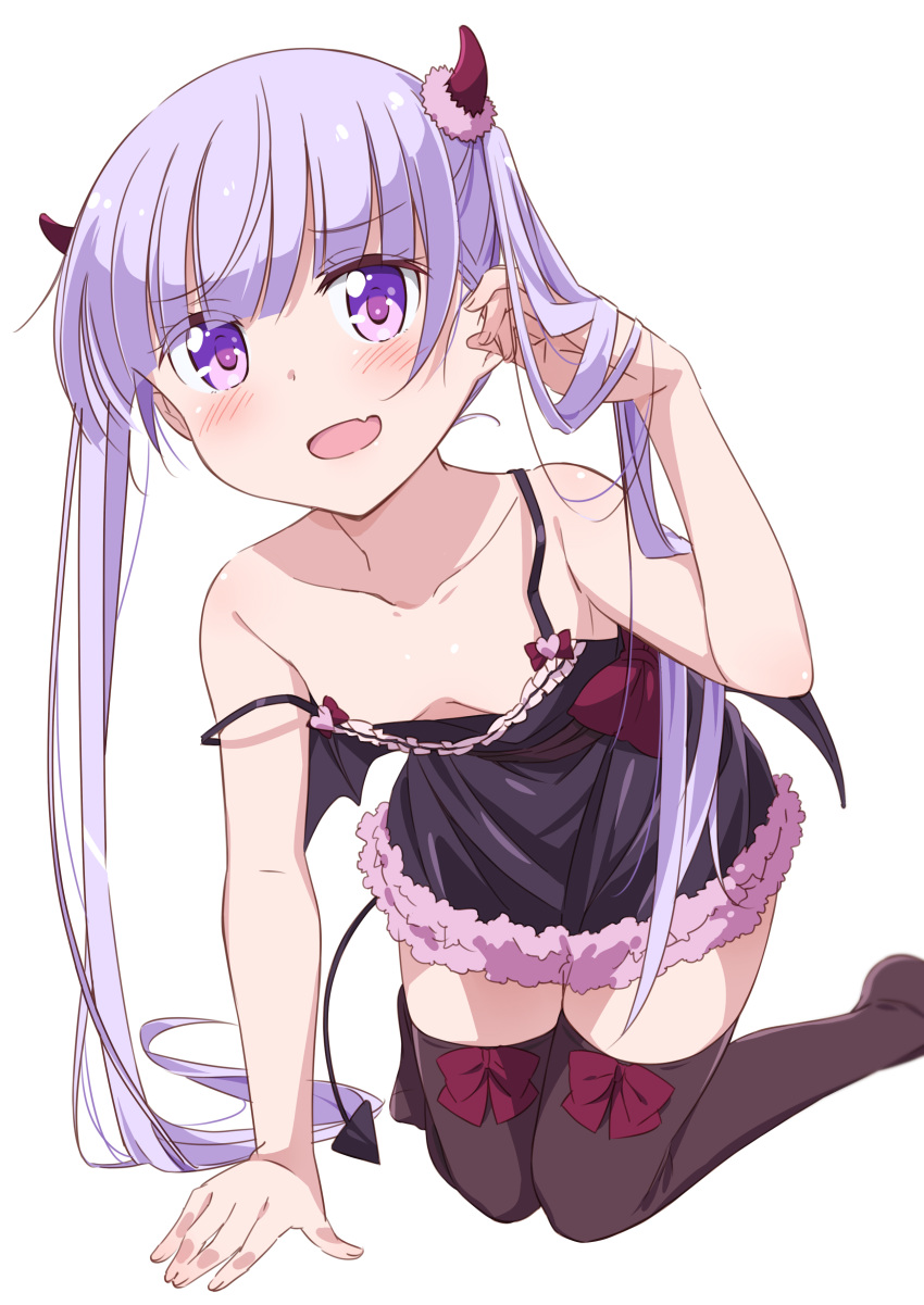 1girl :d absurdres all_fours alternate_costume black_legwear blush breasts breasts_apart collarbone demon_horns demon_wings eyebrows eyebrows_visible_through_hair fang hand_in_hair heart highres horns knees_together_feet_apart lavender_hair lingerie long_hair low_wings mousou_(mousou_temporary) negligee new_game! open_mouth simple_background small_breasts smile solo strap_slip suzukaze_aoba thigh-highs twintails underwear very_long_hair violet_eyes white_background wings