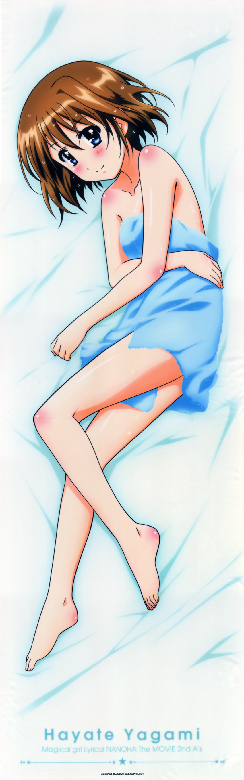 1girl absurdres bed_sheet blue_eyes blue_towel brown_hair character_name collarbone copyright_name dakimakura from_above highres huge_filesize looking_at_viewer lying lyrical_nanoha mahou_shoujo_lyrical_nanoha mahou_shoujo_lyrical_nanoha_a's mahou_shoujo_lyrical_nanoha_the_movie_2nd_a's naked_towel on_side short_hair smile solo towel yagami_hayate