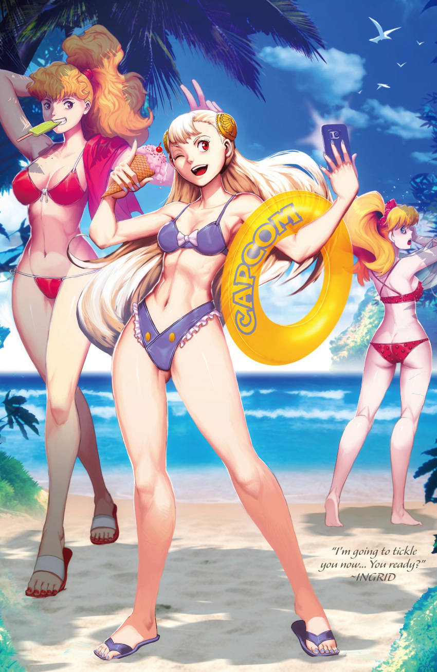 3girls absurdres ass barefoot beach bikini bird blonde_hair blue_sky breasts butt_crack capcom capcom_fighting_jam cellphone cleavage commentary effie feet final_fight food genryuusai_maki genzoman highres ice_cream ice_cream_cone ingrid innertube looking_at_viewer multiple_girls nail_polish navel ocean open_mouth palm_tree phone sandals seagull self_shot shirt_removed sky smile stomach street_fighter street_fighter_iii swimsuit toenail_polish toes tree water