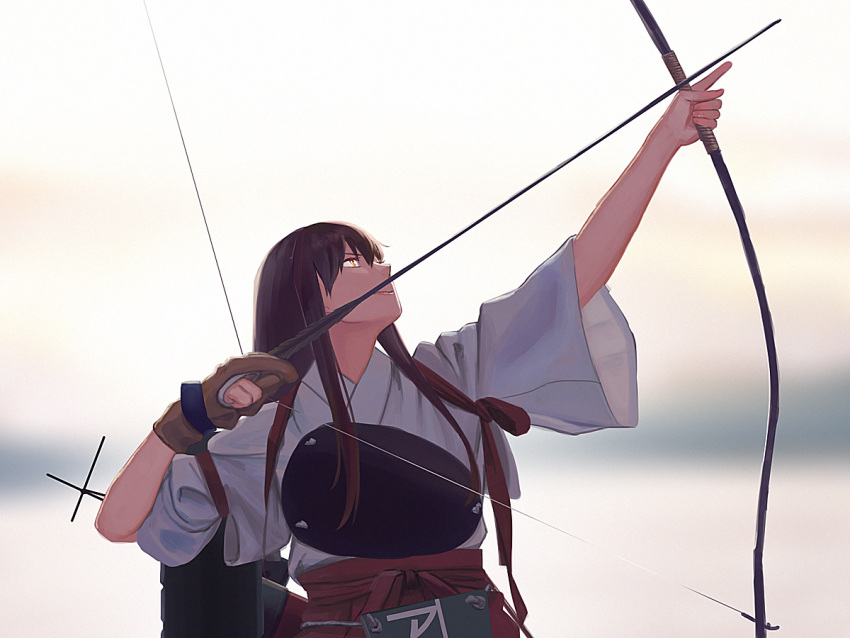 1girl akagi_(kantai_collection) arrow blurry bow_(weapon) brown_eyes brown_hair clouds commentary_request cropped depth_of_field derivative_work drawing_bow flight_deck hakama japanese_clothes kantai_collection long_hair looking_up muneate ocean quiver red_hakama rigging sidelocks sketch sky smile solo tasuki weapon wide_sleeves yue_(tada_no_saboten) yugake yumi_(bow)