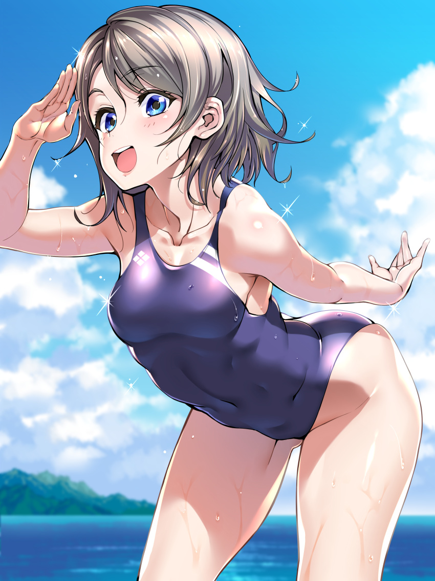 1girl :d absurdres ass bad_proportions blue_eyes blue_sky breasts clouds collarbone competition_swimsuit covered_navel day greyscale highres looking_at_viewer love_live! love_live!_sunshine!! monochrome mountain ocean okita_ababa one-piece_swimsuit open_mouth outdoors salute short_hair sky smile solo swimsuit teeth watanabe_you wet