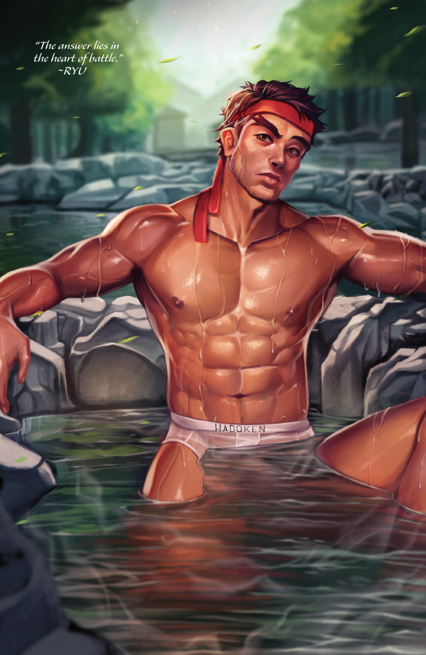 1boy abs absurdres artist_request boxers brown_hair eyebrows facial_hair headband highres lips male_focus muscle navel nose partially_submerged realistic reclining ryuu_(street_fighter) short_hair solo street_fighter stubble thick_eyebrows underwear underwear_only wet