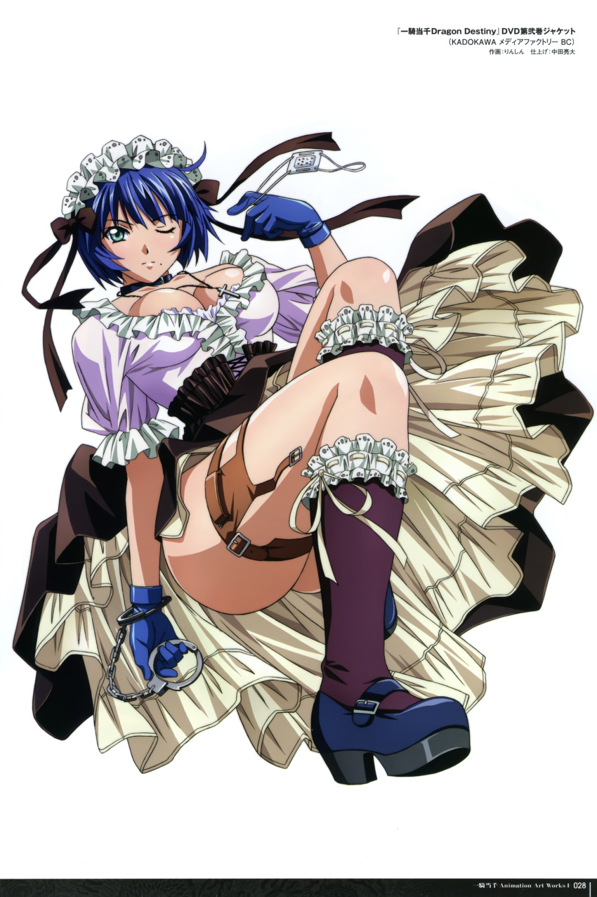 1girl absurdres black_ribbon blue_gloves blue_hair breasts cleavage collar copyright_name cross cross_necklace cuffs dress eyepatch eyepatch_removed full_body gloves green_eyes handcuffs headdress highres holding ikkitousen jewelry large_breasts looking_at_viewer mole mole_under_mouth necklace one_eye_closed ribbon rin-sin ryomou_shimei short_hair solo