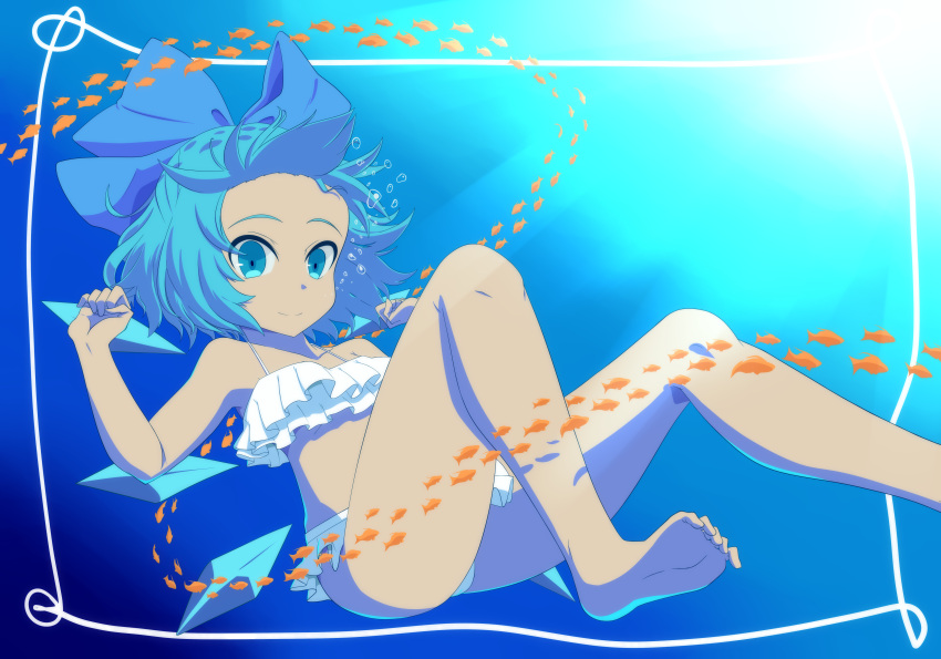 1girl absurdres air_bubble bare_legs bare_shoulders barefoot bikini blue_bow blue_eyes blue_hair border bow bubble cirno closed_mouth commentary_request feet fish floating_hair foot_out_of_frame frilled_bikini frills full_body hair_bow highres ice ice_wings looking_at_viewer shikabane_homura short_hair smile soles solo sunlight swimsuit tan toes touhou underwater wings