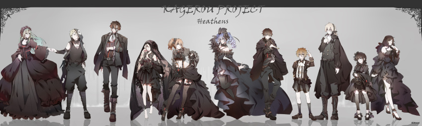 5boys 6+girls absurdres alternate_costume amamiya_hibiya ankle_lace-up arm_at_side arm_warmers arms_at_sides artist_name asahina_hiyori ascot aunt_and_niece bags_under_eyes bangs bare_shoulders barefoot belt_boots belt_buckle black_boots black_border black_bow black_cape black_dress black_eyes black_hair black_jacket black_legwear black_nails black_pants black_ribbon black_shoes black_skirt blonde_hair blue_eyes blue_hair bobby_socks boots border bow bowtie breasts brooch brother_and_sister brown_hair buckle center_frills chain choker cleavage closed_mouth colored_eyelashes contrapposto copyright_name corset cravat crop_top cropped_jacket cross cross-laced_clothes cross-laced_footwear crossed_arms cuffs curly_hair detached_collar detached_sleeves dress dress_shirt ene_(kagerou_project) epaulettes eyebrows eyebrows_visible_through_hair eyepatch facial_mark finger_to_mouth flat_chest floating floor formal frills full_body garter_straps garters gem gloves green_hair grey_background grey_eyes hair_between_eyes hair_bow hair_ornament hair_over_shoulder hair_scrunchie hairband hairclip hand_in_pocket hand_on_hip headphones high_heels highres holding_hand holding_pipe hood hooded_jacket incredibly_absurdres jacket jacket_on_shoulders jewelry kagerou_project kano_shuuya kido_tsubomi kisaragi_momo kisaragi_shintarou kiseru kneehighs konoha_(kagerou_project) kozakura_marry lace-up_boots legs_apart lineup lolita_hairband long_dress long_hair long_sleeves looking_at_another looking_at_viewer looking_away low_ponytail low_twintails mary_janes medium_breasts midriff monocle multiple_boys multiple_girls nail_polish neck_ribbon necklace off-shoulder_dress off_shoulder one_eye_covered outstretched_arm pants pendant pigeon-toed pink_eyes pipe red_eyes reflection ribbon ring scrunchie seto_kousuke shawl shirt shoes short_dress shorts siblings sketch skirt skull_print sleeveless slit_pupils smoking socks standing stomach striped suspenders tateyama_ayano thigh-highs twintails vertical-striped_shorts vertical_stripes white_gloves white_hair white_shirt wide_sleeves x_hair_ornament yaya_(shizuku) yellow_eyes zettai_ryouiki