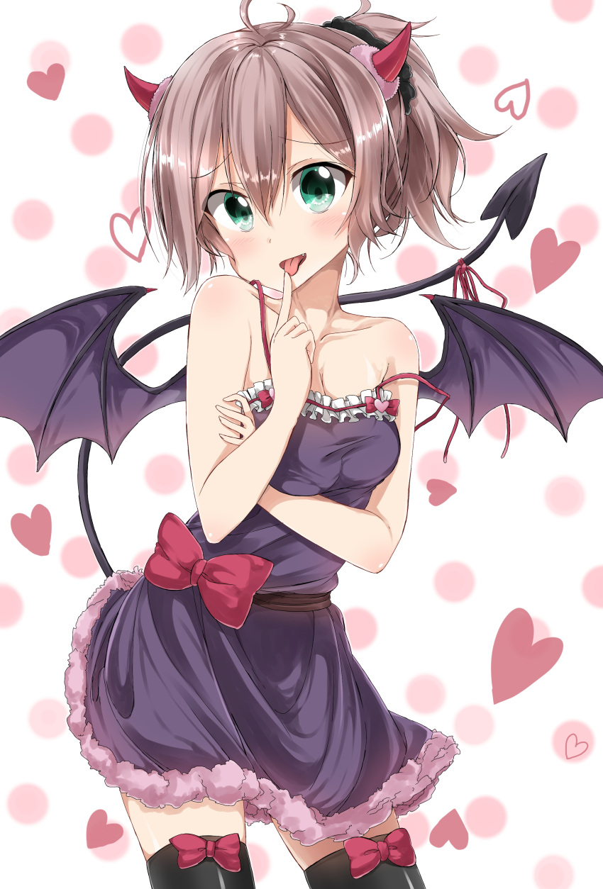1girl absurdres ahoge alternate_costume aoba_(kantai_collection) bare_shoulders black_legwear collarbone commentary_request cosplay demon_girl demon_horns demon_tail demon_wings dress green_eyes hair_between_eyes hair_ornament hair_scrunchie heart heart_background highres horns kantai_collection looking_at_viewer messy_hair namesake new_game! pentagon_(railgun_ky1206) pink_ribbon ponytail purple_hair ribbon scrunchie sleeveless sleeveless_dress solo suzukaze_aoba suzukaze_aoba_(cosplay) tail thigh-highs tongue tongue_out wings