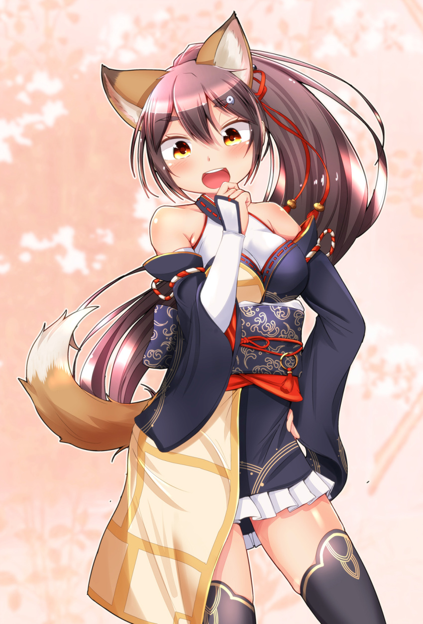 1girl :d a_(show_by_rock!!) animal_ears bare_shoulders black_legwear blurry blush breasts bridal_gauntlets depth_of_field detached_sleeves eyebrows eyebrows_visible_through_hair fox_ears fox_tail hair_between_eyes hair_ornament hair_ribbon hairclip hand_on_hip head_tilt highres japanese_clothes long_hair looking_at_viewer magatama medium_breasts obi open_mouth outline peruri_(derimono0) pink_background ponytail red_ribbon ribbon sash show_by_rock!! smile solo tail thigh-highs very_long_hair