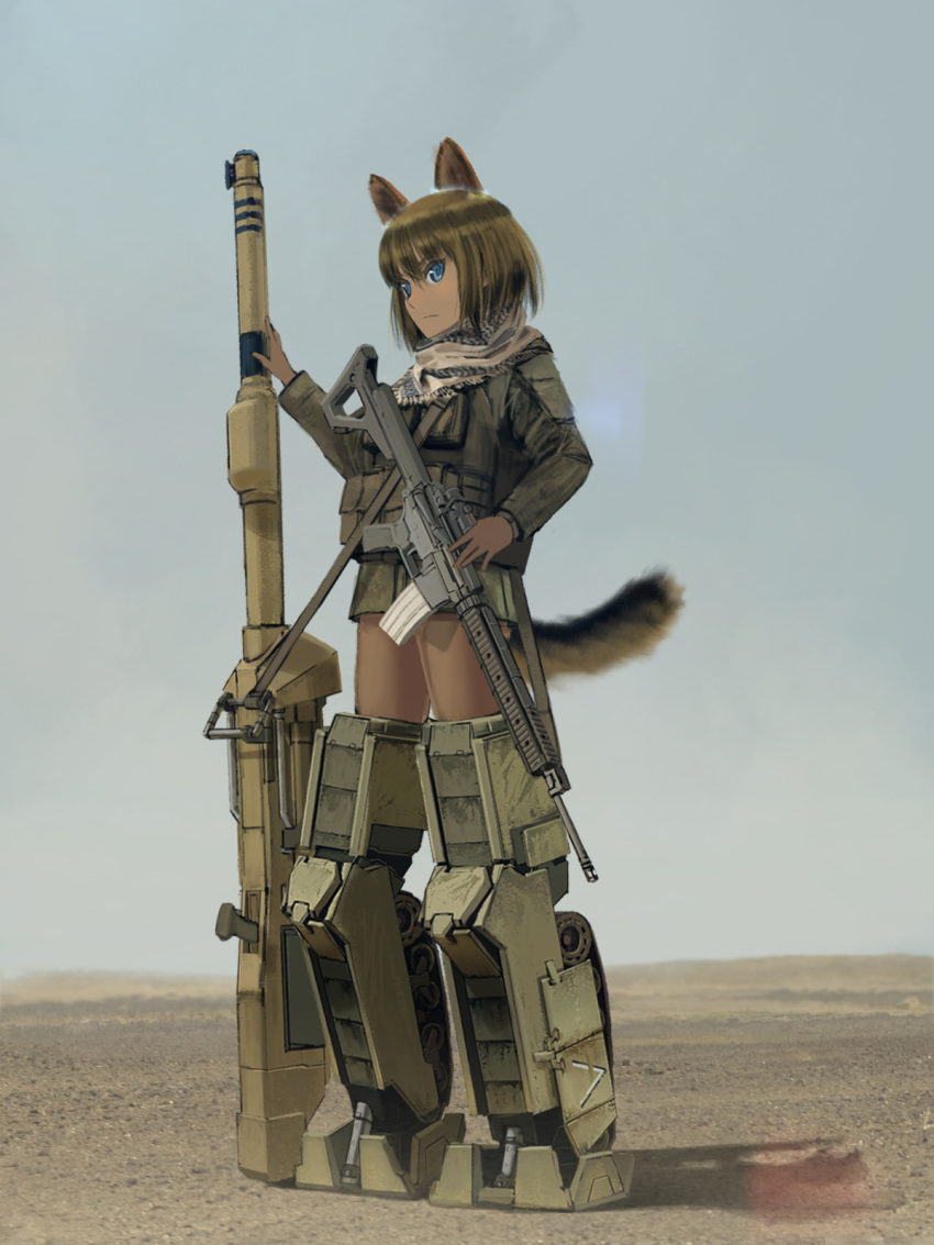 1girl animal_ears assault_rifle blue_eyes brown_hair cannon commentary desert gun hettsuaa highres horizon original rifle scarf serious shadow short_hair sketch sky sling solo strike_witches striker_unit tail weapon world_witches_series