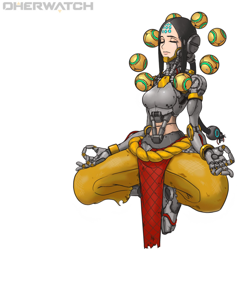 1girl absurdres adapted_costume breasts closed_eyes cyborg female fingers_together floating full_body genderswap genderswap_(mtf) highres humanoid_robot medium_breasts muhut omnic orb overwatch pants pelvic_curtain robot simple_background sitting solo title_parody white_background zenyatta_(overwatch)