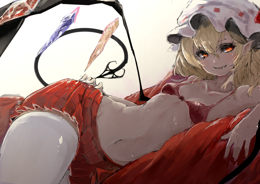 1girl absurdres alternate_costume backlighting bad_anatomy bangs blonde_hair bra breasts collarbone couch fang flandre_scarlet hair_between_eyes hand_on_hip hat hat_ribbon highres laevatein_(tail) looking_at_viewer mob_cap navel open_mouth orange_eyes pointy_ears red_bra red_skirt ribbon shiny shiny_hair shiny_skin simple_background skirt slit_pupil small_breasts solo thighs touhou underwear watchi white_background wide_hips wings