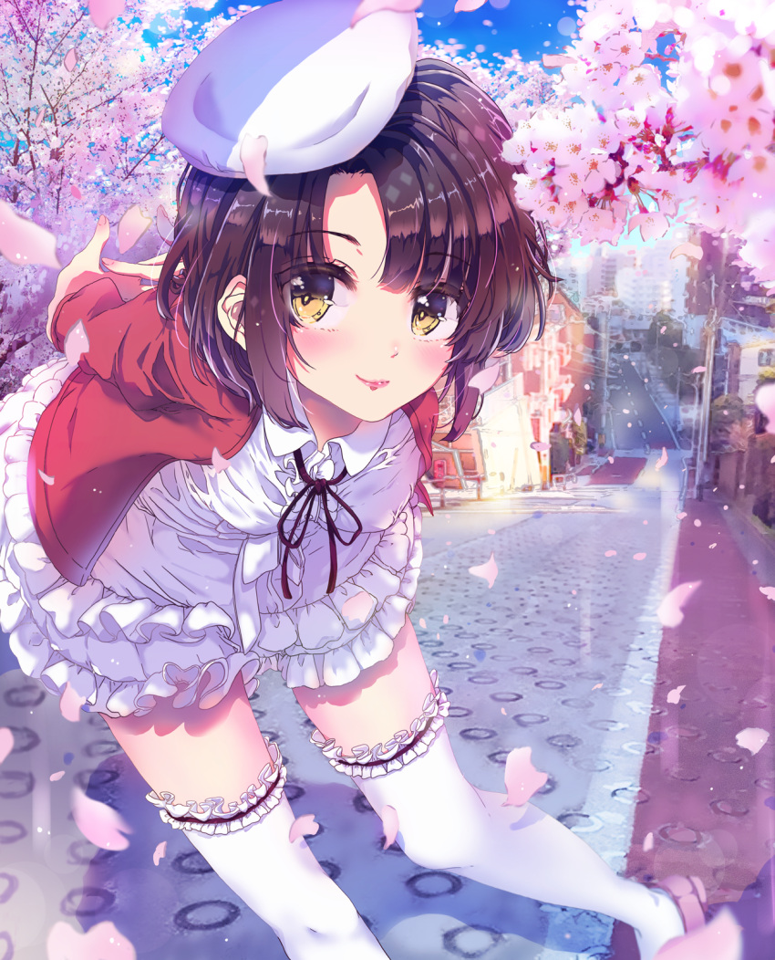 1girl arms_behind_back bangs bent_over beret blue_sky blurry brown_eyes brown_hair building center_frills cherry_blossoms closed_mouth day depth_of_field dress eyebrows eyebrows_visible_through_hair frills garters hat highres jacket katou_megumi legs_apart lens_flare lipstick long_sleeves looking_at_viewer makeup nail_polish neck_ribbon outdoors petals pink_flower pink_lips pink_nails pink_shoes power_lines red_jacket ribbon ricca55 road saenai_heroine_no_sodatekata shadow shoes short_hair sky smile solo standing street thigh-highs utility_pole white_dress white_hat white_legwear yellow_eyes