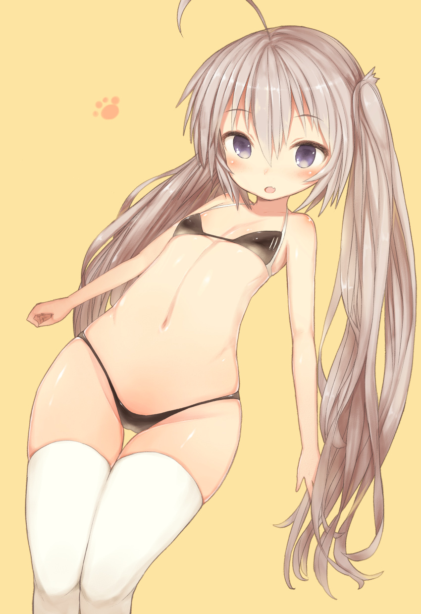 1girl absurdres ahoge bare_shoulders bikini black_bikini blue_eyes blush breasts fang highres long_hair looking_at_viewer navel original ruiten silver_hair simple_background small_breasts smile solo swimsuit thigh-highs twintails very_long_hair white_legwear