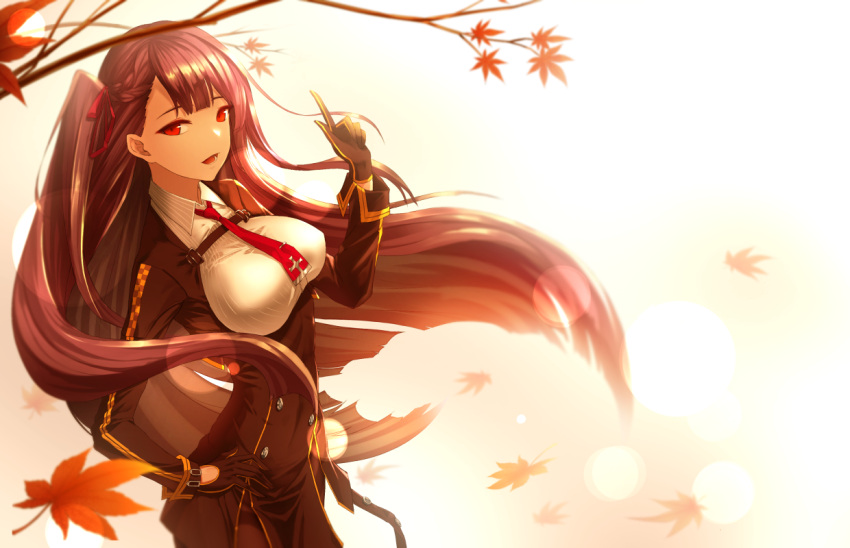 1girl black_gloves blazer braid breasts bright_background girls_frontline gloves hair_ribbon half_updo hand_on_hip jacket large_breasts leaf limeblock long_hair long_sleeves looking_at_viewer maple_leaf necktie open_mouth purple_hair red_eyes red_necktie ribbon side_ponytail solo underbust very_long_hair wa2000_(girls_frontline)