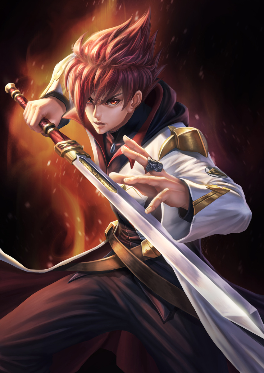 1boy belt collared_shirt cowboy_shot fire garo:honoo_no_kokuin garo_(series) highres holding holding_sword holding_weapon hood jewelry leon_luis lips long_coat looking_at_viewer male_focus open_hand open_mouth red_eyes redhead ring shirt short_hair solo spiky_hair standing sword weapon zaruba zhen_long