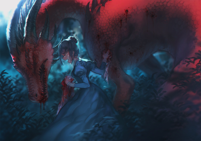 1girl bleeding blood blood_stain bloody_rags bloody_tears bush crying dragon dress hair_bun hand_on_another's_shoulder head_down highres horns injury maid night original pachyphytum rags scales size_difference tears teeth
