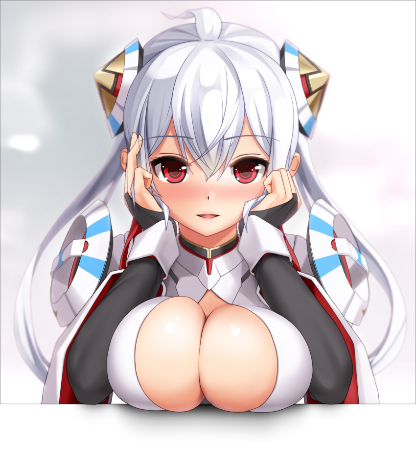 1girl ahoge bangs blush breast_rest breasts cleavage eto hair_between_eyes hair_ornament hands_on_own_face head_rest highres large_breasts long_hair looking_at_viewer matoi_(pso2) open_mouth phantasy_star phantasy_star_online_2 red_eyes silver_hair simple_background smile solo twintails