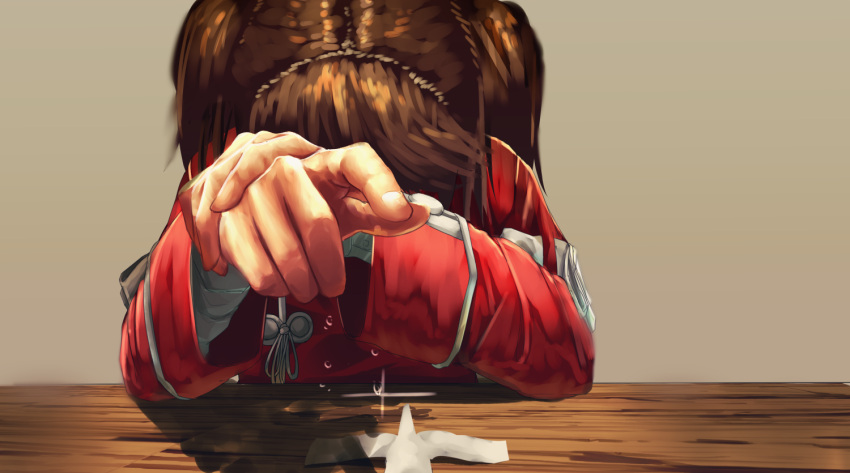 1girl brown_hair check_commentary commentary commentary_request fingers hidden_face japanese_clothes kantai_collection nanao_(aoyamahikari) ryuujou_(kantai_collection) shikigami sitting solo table tears twintails