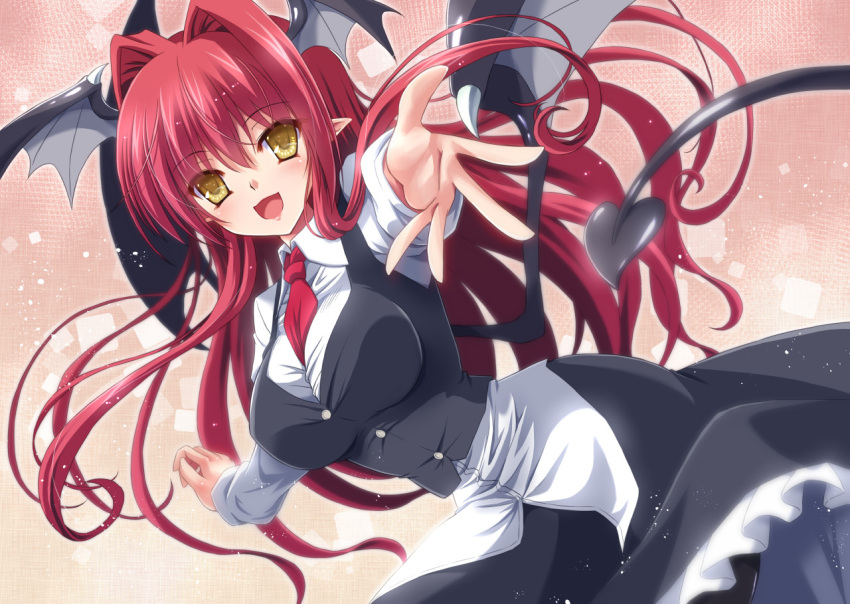 1girl :d bat_wings beckoning between_breasts black_legwear black_vest blurry blush breasts buttons collared_shirt cowboy_shot demon_girl demon_tail depth_of_field dress_shirt frilled_skirt frills hair_intakes head_wings koakuma large_breasts ld light_particles long_hair long_skirt long_sleeves looking_at_viewer multiple_wings necktie necktie_between_breasts open_mouth outstretched_arms pantyhose pointy_ears red_necktie redhead shirt skirt skirt_set smile solo square succubus tail touhou vest wings yamu_(reverse_noise) yellow_eyes