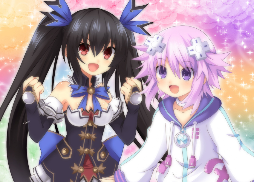 2girls bare_shoulders black_hair blush breasts caro-xy cleavage d-pad hair_ornament highres hood hooded_track_jacket jacket long_hair looking_at_viewer multiple_girls neptune_(choujigen_game_neptune) neptune_(series) noire open_mouth purple_hair red_eyes ribbon short_hair smile track_jacket twintails very_long_hair
