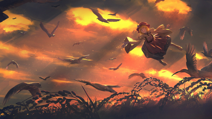 1girl :d aki_minoriko amino_(tn7135) autumn bird bird_request breasts brown_hair dress flying happy harvest hat light_particles light_rays long_sleeves looking_at_viewer medium_breasts open_mouth outdoors outstretched_arm puffy_sleeves red red_hat shade short_hair sky smile touhou wheat_field wide_sleeves