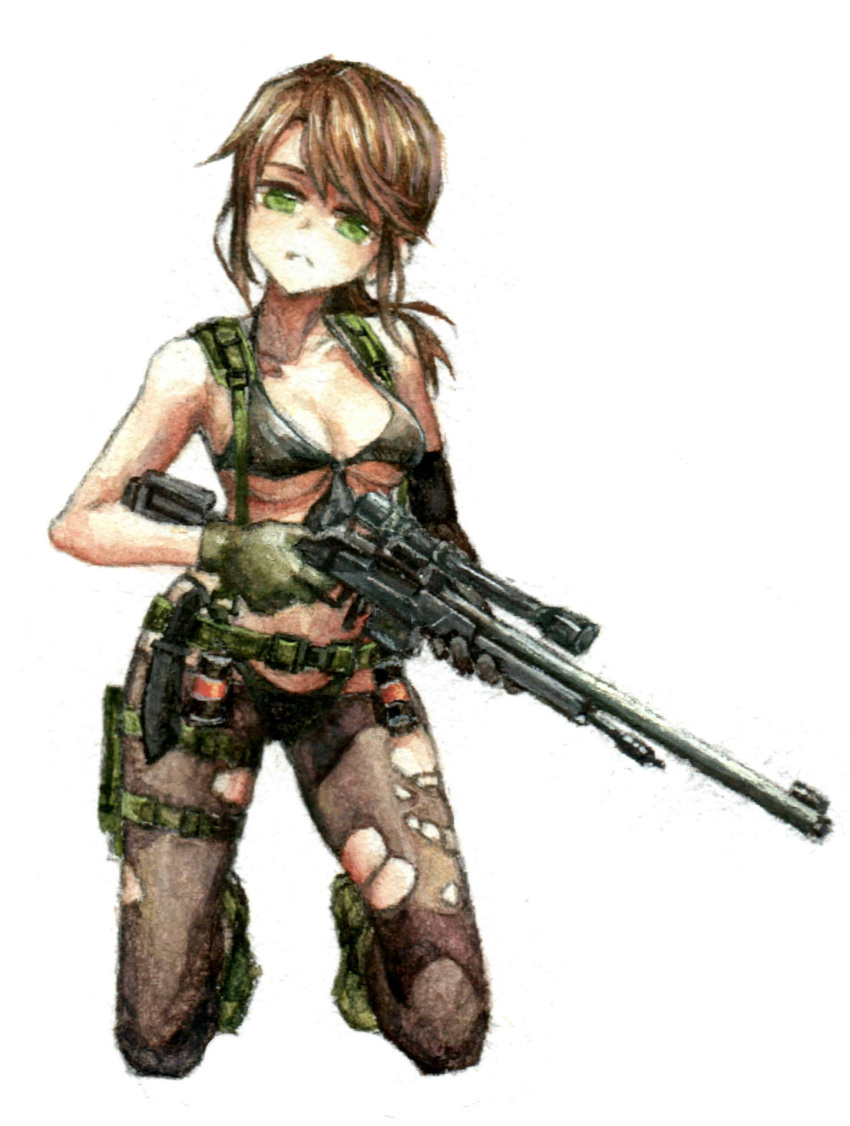 1girl absurdres ameyoshi-kun boots breasts brown_hair combat_boots explosive front-tie_bikini front-tie_top full_body green_eyes grenade gun head_tilt highres holster knife long_hair medium_breasts metal_gear_(series) metal_gear_solid_v mismatched_gloves pantyhose ponytail quiet_(metal_gear) rifle sniper_rifle solo suspenders thigh_holster torn_clothes torn_pantyhose under_boob weapon