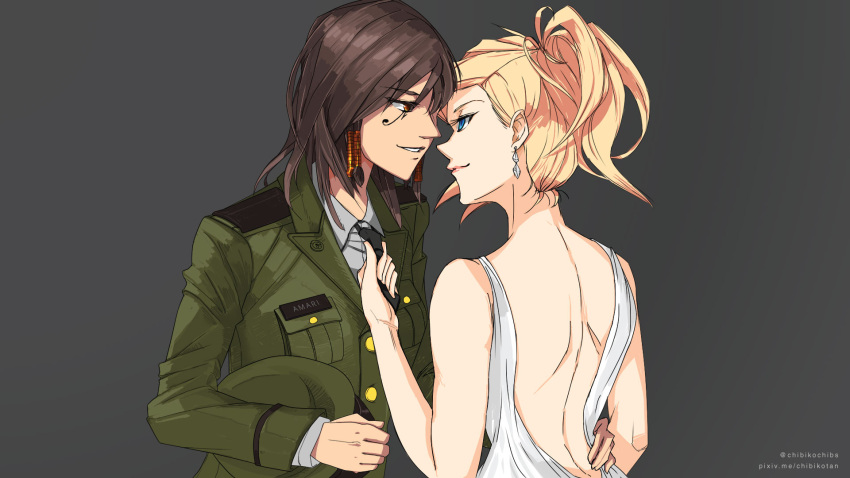 2girls alternate_costume black_hair blonde_hair blue_eyes brown_eyes chibiko dark_skin dress earrings eye_of_horus facial_mark facial_tattoo grey_background hair_tubes hand_on_another's_hip hat headwear_removed high_ponytail highres holding holding_hat jewelry looking_at_another mercy_(overwatch) military military_hat military_uniform multiple_girls necktie necktie_grab neckwear_grab open-back_dress overwatch parted_lips peaked_cap pharah_(overwatch) ponytail shoulder_blades side_braids smile tattoo twitter_username uniform upper_body wallpaper watermark web_address white_dress yuri