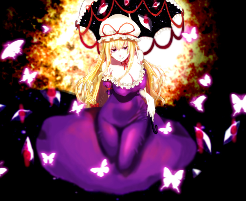 1girl abstract_background arm_behind_back blhe blonde_hair blurry bow breasts choker cleavage covered_nipples dress elbow_gloves gap gloves glowing_butterfly hair_bow hat hat_ribbon hips impossible_clothes impossible_dress large_breasts light_trail long_hair looking_at_viewer mob_cap off-shoulder_dress off_shoulder purple_dress red_eyes ribbon ribbon_choker ribbon_trim short_sleeves sitting smile solo thighs touhou umbrella very_long_hair violet_eyes yakumo_yukari