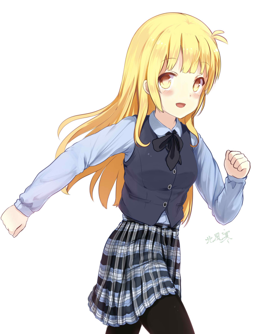 1girl :d beifeng_han blonde_hair blush cyou_shigen highres long_hair open_mouth original pantyhose plaid plaid_skirt simple_background skirt smile solo white_background