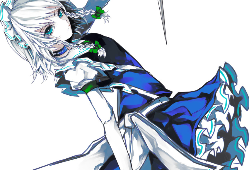 1girl arm_garter blue_dress blue_eyes bow braid dress dutch_angle green_bow hair_bow highres izayoi_sakuya juliet_sleeves knife long_sleeves looking_at_viewer maid maid_headdress pale_skin puffy_short_sleeves puffy_sleeves short_hair short_sleeves silver_hair solo touhou twin_braids upper_body white_background yutapon