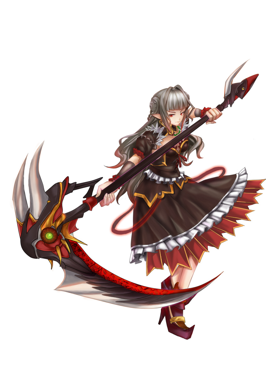 1girl black_dress dress earrings full_body grey_hair high_heels highres jewelry long_hair necklace original pointy_ears red_eyes scythe simple_background solo standing white_background witch yakinabe