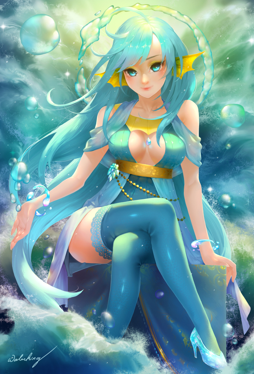 1girl abstract_background aqua_eyes aqua_hair artist_name beads blue_dress blue_legwear breasts collarbone crossed_legs dress head_fins high_heels highres lace lace-trimmed_thighhighs long_hair looking_at_viewer medium_breasts personification pokemon signature sitting sleeveless sleeveless_dress smile solo splashing thigh-highs vaporeon very_long_hair water waterring