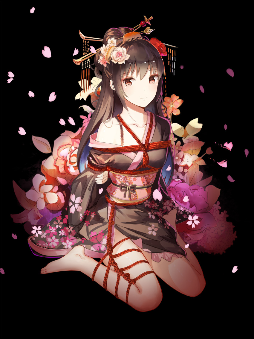 1girl arms_behind_back barefoot bdsm black_background black_hair bondage bound bound_wrists cherry_blossoms floral_background flower hair_flower hair_ornament hairpin highres japanese_clothes kimono light_smile long_hair original red_eyes red_flowers rope shibari solo tied_hair tied_up