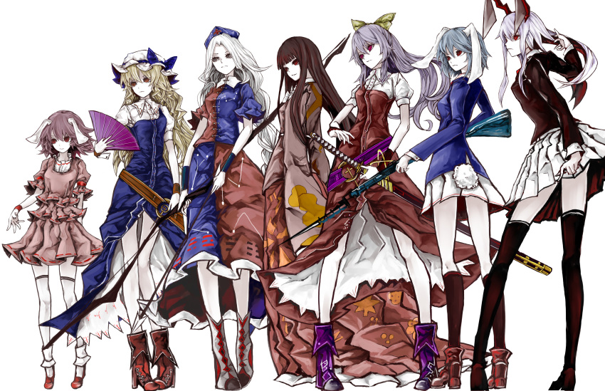 6+girls absurdres albino animal_ears arm_at_side arrow bangs belt black_hair black_jacket black_legwear blazer blonde_hair blouse blue_bow blue_dress blue_hair blue_jacket blunt_bangs boots bow bow_(weapon) breasts brown_eyes bunny_tail closed_mouth collared_shirt constellation dress fan fighting_stance floating_hair floppy_ears folding_fan forest frilled_sleeves frills frown gun hair_between_eyes hair_bow hat hat_bow hat_ribbon high_heel_boots high_heels highres holding holding_fan holding_gun holding_weapon houraisan_kaguya inaba_tewi jacket japanese_clothes katana kimono kneehighs legs_apart long_hair long_skirt long_sleeves looking_to_the_side miniskirt mob_cap multiple_girls nature nurse_cap pale_skin pigeon-toed pleated_skirt profile puffy_short_sleeves puffy_sleeves purple_boots purple_hair rabbit_ears red_boots red_dress red_eyes red_ribbon red_shoes red_skirt reisen reisen_udongein_inaba ribbon ribbon-trimmed_skirt shirt shoes short_sleeves skirt skirt_set sleeves_past_wrists small_breasts socks sword tail thigh-highs touhou watatsuki_no_toyohime watatsuki_no_yorihime wavy_hair weapon white_background white_hair white_hat white_legwear white_skin white_skirt wide_sleeves wristband yagokoro_eirin yellow_bow yellow_eyes yutapon