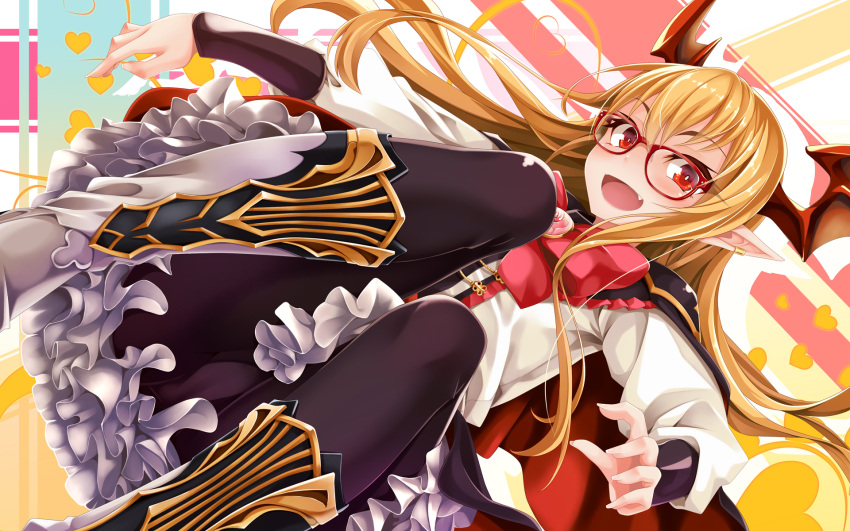 1girl bat_wings bespectacled black_legwear blonde_hair blush boots bow cape fang frilled_skirt frills glasses granblue_fantasy head_wings highres long_hair long_sleeves looking_at_viewer ogami_kazuki open_mouth pointy_ears red-framed_eyewear red_eyes skirt smile solo vampire vampy wings