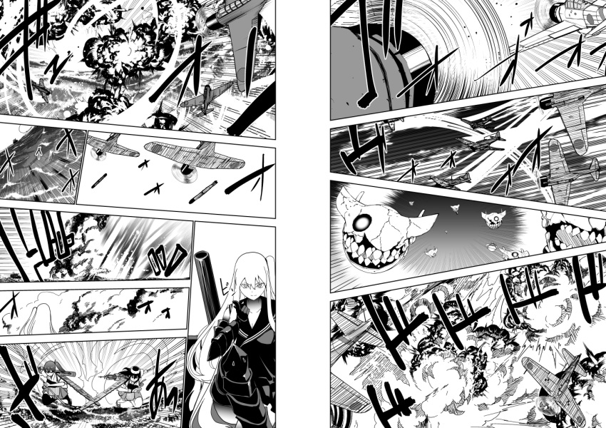 3girls aircraft aircraft_carrier_hime airplane akagi_(kantai_collection) comic explosion flight_deck floating_fortress_(kantai_collection) japanese_clothes kaga_(kantai_collection) kantai_collection masukuza_j monochrome multiple_girls torpedo translation_request weapon