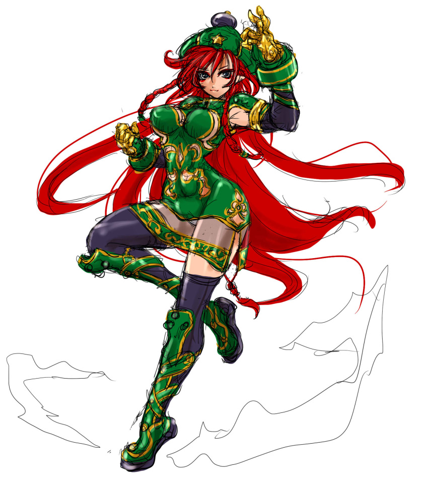 1girl abs alternate_costume black_legwear blue_eyes braid breasts clenched_hand colored dress full_body gloves gold green_hat hand_up hat highres hips hong_meiling impossible_clothes impossible_dress ledjoker07 long_hair looking_at_viewer medium_breasts muscle pointy_ears redhead revealing_clothes short_dress side_slit sketch solo star thigh-highs thighs toned touhou twin_braids very_long_hair