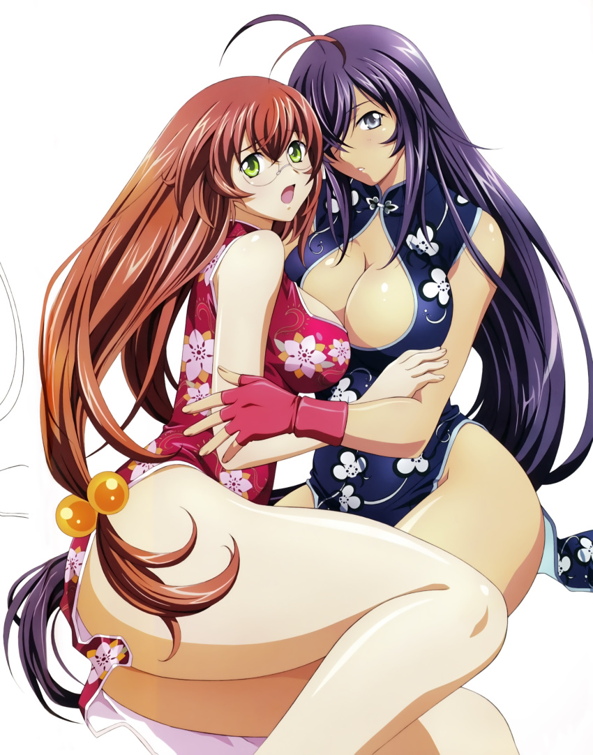 2girls absurdres ahoge breasts brown_hair cleavage cleavage_cutout fingerless_gloves glasses gloves green_eyes hair_bobbles hair_ornament hair_over_one_eye highres ikkitousen kan'u_unchou large_breasts long_hair looking_at_viewer low-tied_long_hair multiple_girls open_mouth purple_hair red_gloves rin-sin ryuubi_gentoku simple_background white_background