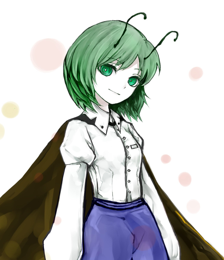 1girl antennae black_cape blue_pants cape closed_mouth cowboy_shot dress_shirt green_eyes green_hair highres juliet_sleeves long_sleeves looking_at_viewer looking_to_the_side pale_skin pants puffy_long_sleeves puffy_sleeves shirt smile solo touhou white_shirt wriggle_nightbug yutapon