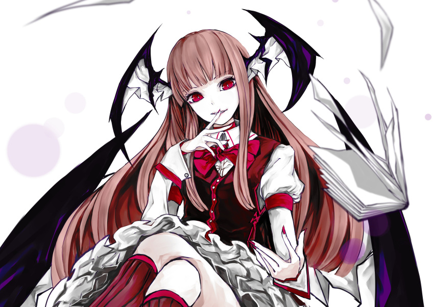 1girl absurdres alternate_costume arm_garter bangs blunt_bangs book bow bowtie crossed_legs demon_girl demon_wings finger_to_mouth fingernails head_tilt head_wings highres juliet_sleeves koakuma long_hair long_sleeves looking_at_viewer nail_polish open_book pale_skin parted_lips puffy_sleeves red_bow red_bowtie red_eyes red_legwear red_nails red_vest redhead sharp_fingernails sidelocks sleeve_cuffs smile socks solo touhou upper_body white_background white_pupils wing_collar wings yutapon