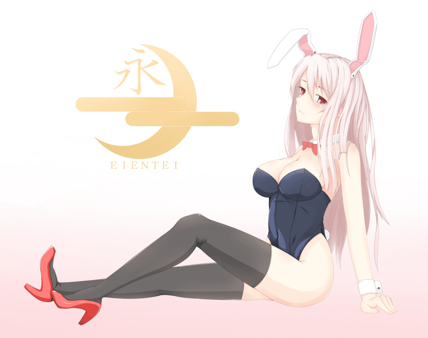 1girl alternate_costume animal_ears arm_support armpits bare_shoulders black_legwear black_leotard blush bow bowtie breasts bunny_girl bunnysuit cleavage closed_mouth detached_collar from_side full_body high_heels highleg highleg_leotard highres large_breasts leotard light_smile long_hair looking_at_viewer looking_to_the_side pink_hair rabbit_ears red_bow red_bowtie red_eyes red_shoes reisen_udongein_inaba shoes side_glance sitting solo surota thigh-highs touhou wrist_cuffs