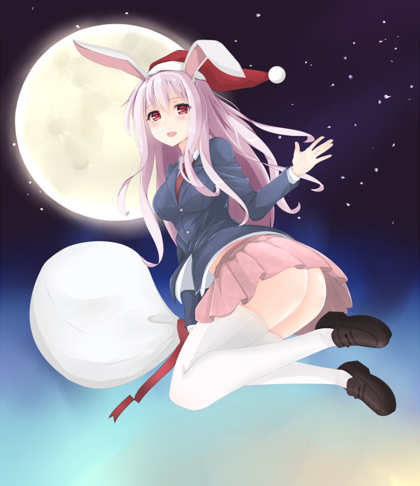 1girl :d absurdres animal_ears ass backlighting black_shoes blazer blush bunny_girl christmas flying full_body full_moon hat highres jacket lavender_hair long_hair long_sleeves looking_at_viewer looking_to_the_side moon necktie night night_sky no_panties open_mouth pink_skirt rabbit_ears red_eyes red_necktie reisen_udongein_inaba sack santa_hat shoes skirt sky smile solo star_(sky) starry_sky surota thigh-highs touhou white_legwear