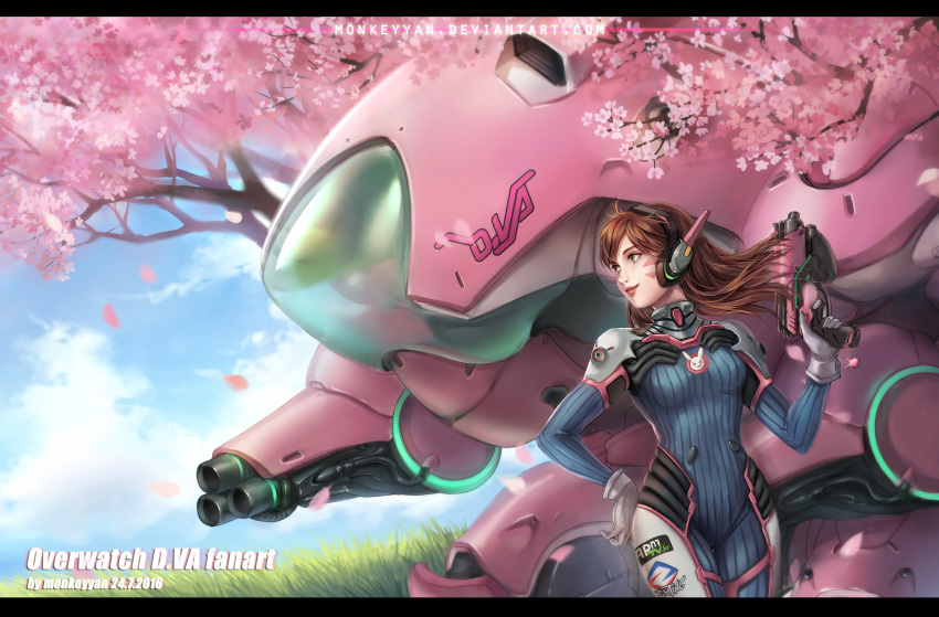 1girl 2016 arm_cannon artist_name bangs blue_sky bodysuit boots bracer breasts breasts_apart brown_eyes brown_hair bunny_print character_name charm_(object) cherry_blossoms closed_mouth clouds cloudy_sky copyright_name cowboy_shot d.va_(overwatch) dated emblem facepaint facial_mark finger_on_trigger gatling_gun gloves grass gun hand_on_hip hand_up handgun headphones highres holding holding_gun holding_weapon letterboxed lips lipstick logo long_hair long_sleeves makeup mecha medium_breasts meka_(overwatch) monkeyyan overwatch pauldrons petals pilot_suit pink_lipstick plant ribbed_bodysuit shoulder_pads skin_tight sky smile solo thigh-highs thigh_boots thigh_gap thigh_strap turtleneck watermark weapon web_address whisker_markings white_boots white_gloves