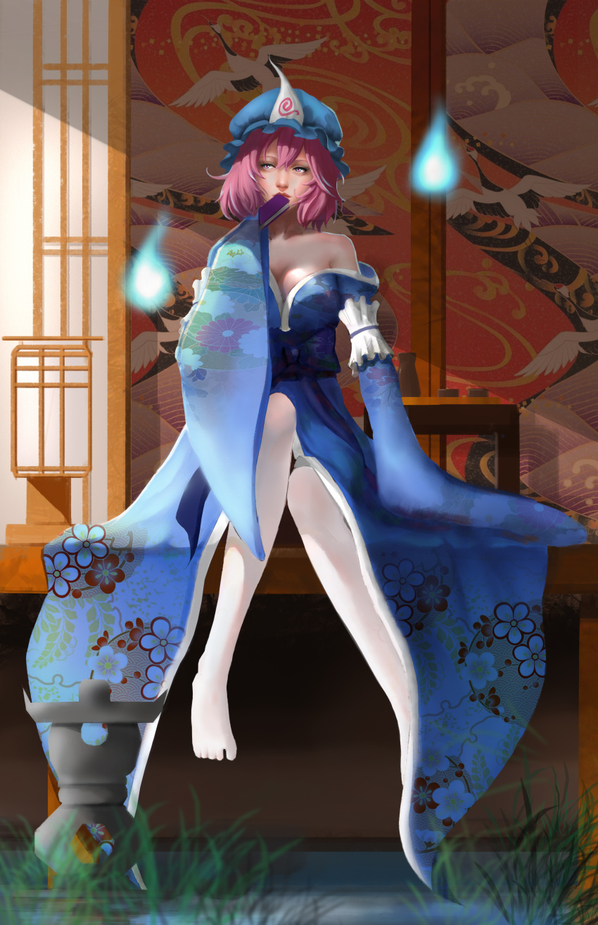 1girl absurdres alcohol arm_garter bare_shoulders blue_dress bottle breasts cleavage closed_mouth cup dress eyelashes fan floral_print folding_fan full_body grass hand_up hat highres hitodama holding_fan japanese_clothes kimono large_breasts lips long_sleeves looking_away mob_cap obi off_shoulder pink_eyes pink_hair saigyouji_yuyuko sake sake_bottle sash short_hair sitting sliding_doors solo sprog touhou triangular_headpiece water wide_sleeves
