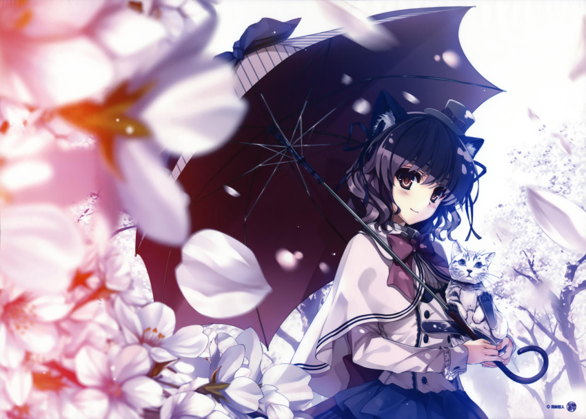 1girl absurdres animal animal_ears black_hair blush brown_hair capelet cat cat_ears copyright_name detached_sleeves dress flower hair_ornament hat highres holding looking_at_viewer misaki_kurehito original petals ribbon smile solo umbrella