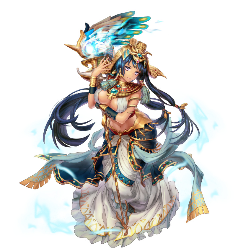 1girl absurdres artist_request black_hair bracer character_request copyright_request cryptract egyptian_clothes expressionless full_body highres long_hair solo staff tan transparent_background very_long_hair