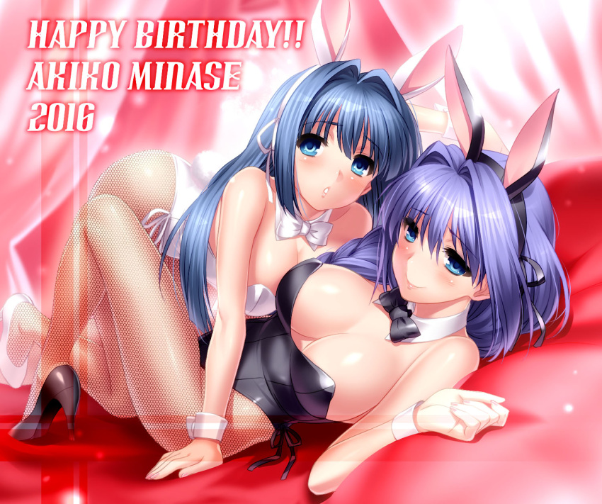 2016 2girls all_fours animal_ears ass bangs blue_eyes bow bowtie braid breasts bunny_girl bunny_tail bunnysuit character_name cleavage detached_collar fishnet_pantyhose fishnets hair_intakes happy_birthday highres kanon large_breasts long_hair lying mature minase_akiko minase_nayuki mother_and_daughter multiple_girls open_mouth pantyhose parted_lips purple_hair rabbit_ears ribbon smile straddling tail wrist_cuffs zen
