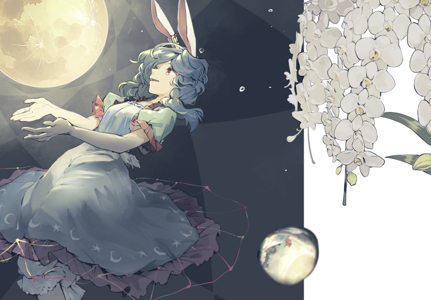 1girl animal_ears blue_dress blue_hair cover dew_drop dress ear_clip flower hichiko highres long_hair moon night open_mouth rabbit_ears red_eyes seiran_(touhou) smile solo touhou water_drop